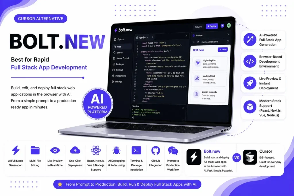 8 Best Cursor Alternatives for AI Powered Coding in 2026 11 Bolt.new is Best ursor alternative for Rapid Full Stack App Development